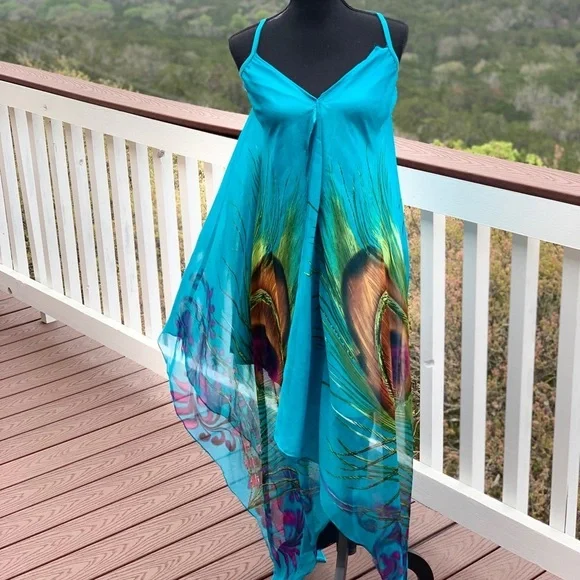 Indian Tropical Bohemian‎ Blue Dress Peacock Print - Picture 5 of 16